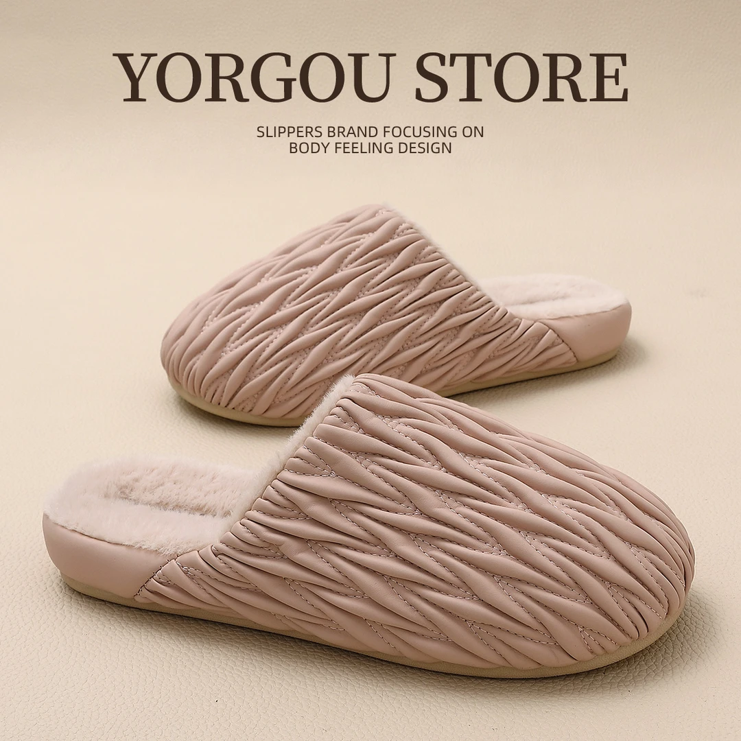 秋冬季棉拖鞋女士2025新款家用PU皮防水褶皱地板静音防滑保暖棉拖