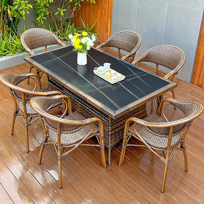 【远茂品牌】庭院户外编藤岩板桌椅别墅花园露台岩板可淋雨防晒