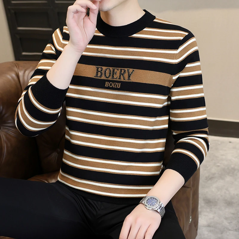 时尚男装秋冬季撞色条纹烫钻款欧货百搭款针织圆领毛衣2025