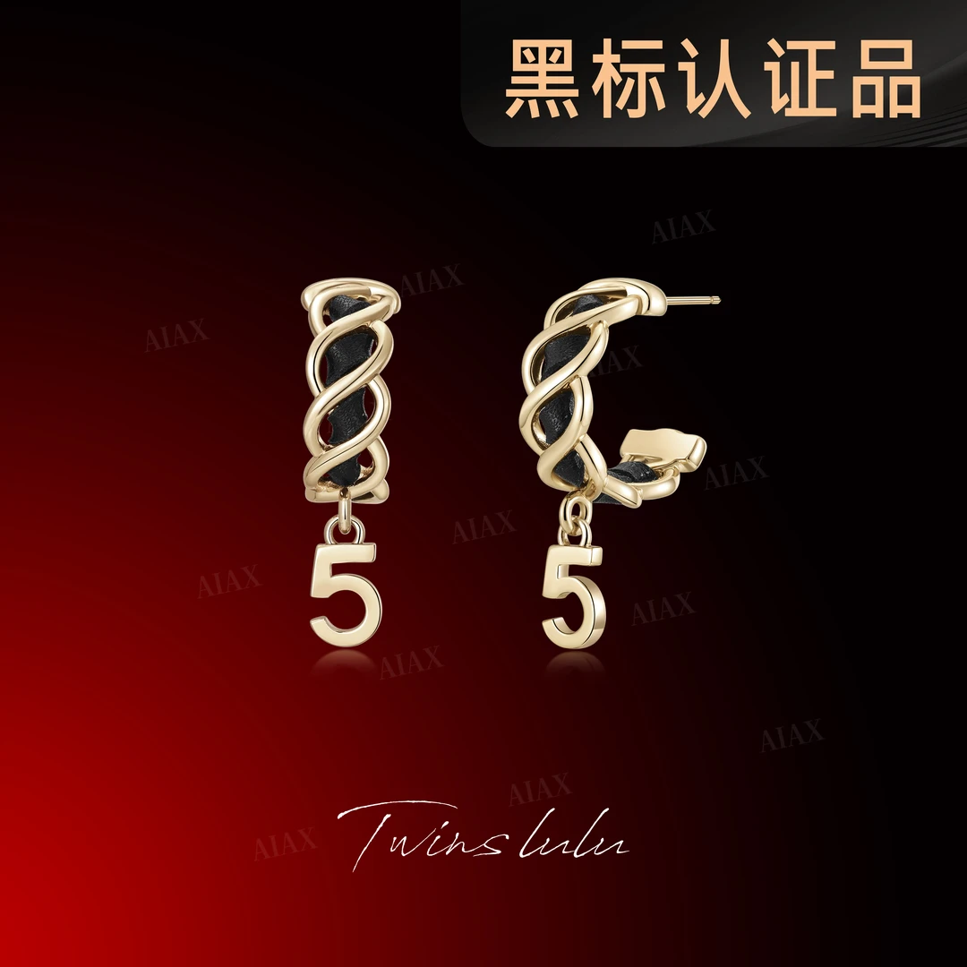 TWINS LULU 镀k金【5号经典】手工穿绳工艺黑色皮绳串耳环TSL2847