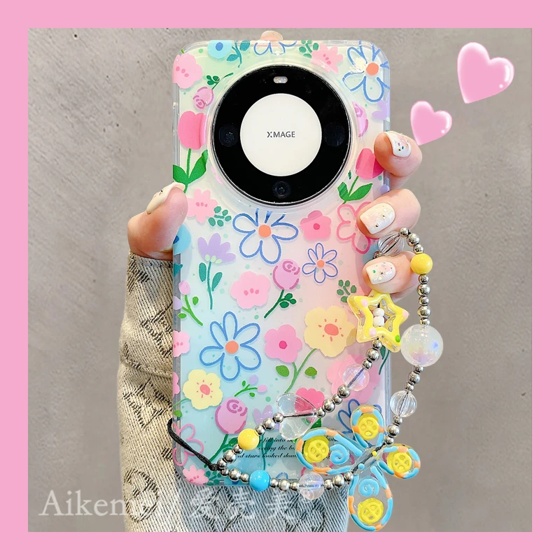 适用华为mate70pro+手机壳油画彩色mate60pro+晕染涂鸦花朵链条女