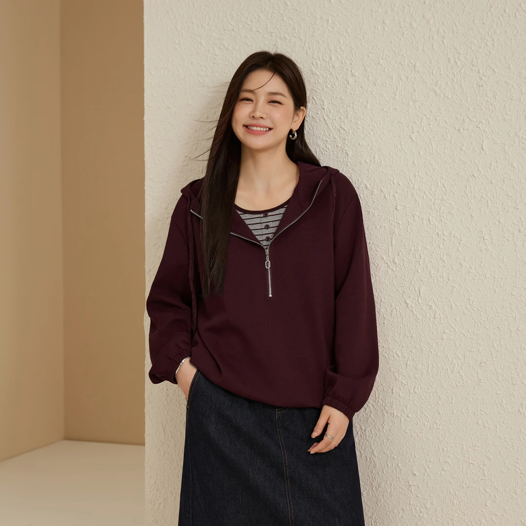 【时光定格】纤莉秀大码女流光风连帽拉链双面针织假两件卫衣QK3119