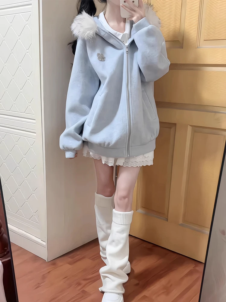 美式复古加厚毛领外套女休闲韩系学院风小个子穿搭加绒保暖卫衣