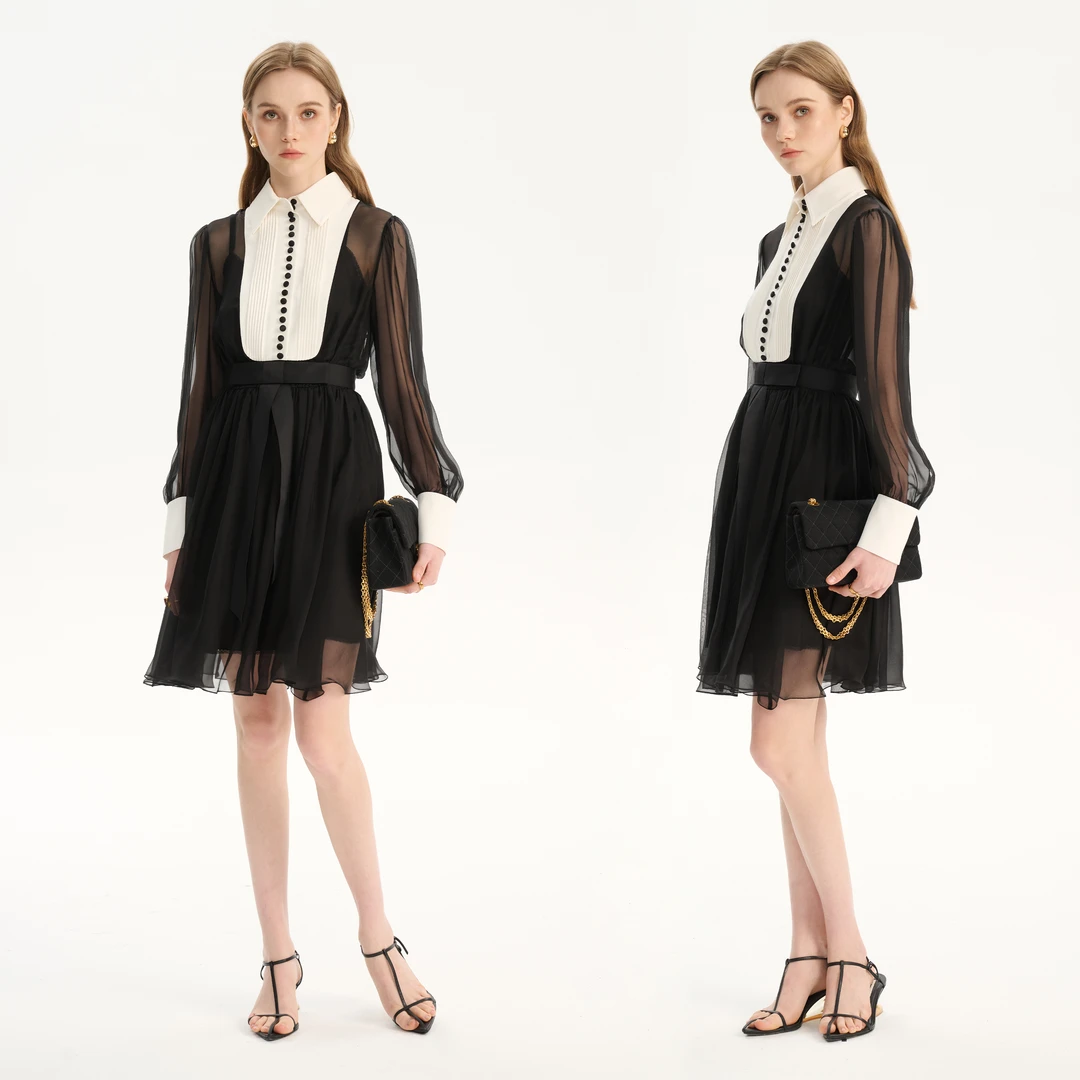 YIMAIMAI 黑白撞色桑蚕丝真丝雪纺收腰富家千金风女主连衣裙现货