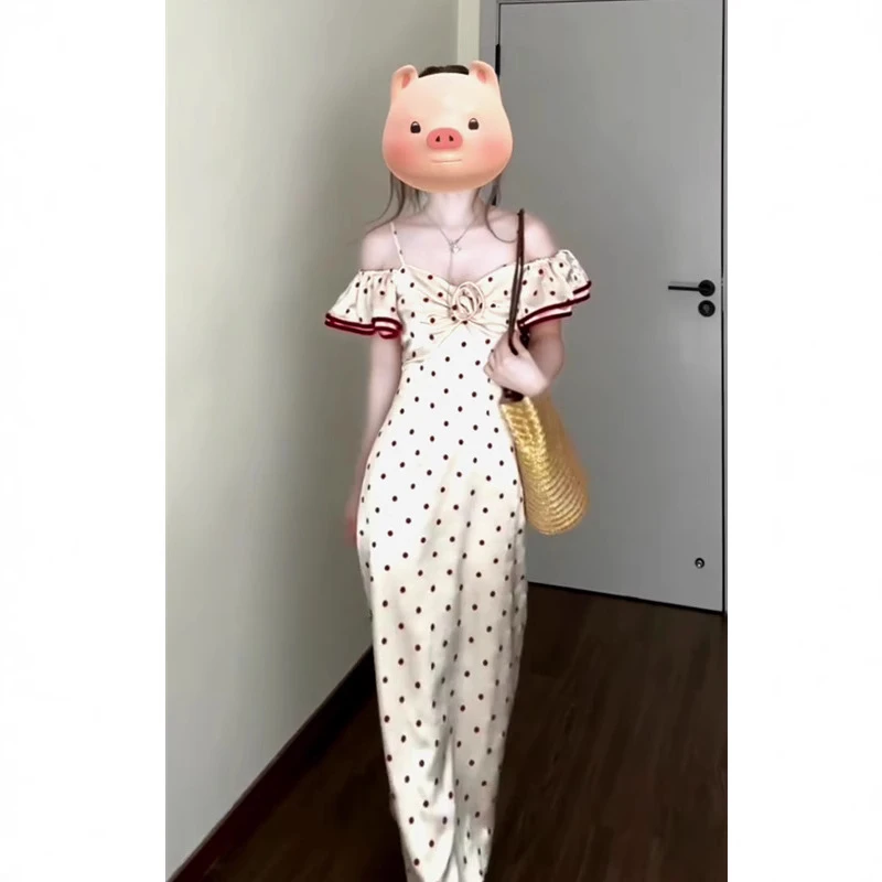 法式波点一字肩长裙2025夏季新款纯欲风收腰显瘦大码连衣裙