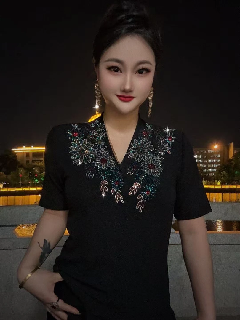 【网红爆款V领22#】夏季新款短袖T烫钻欧货显瘦百搭上衣休闲打底衫