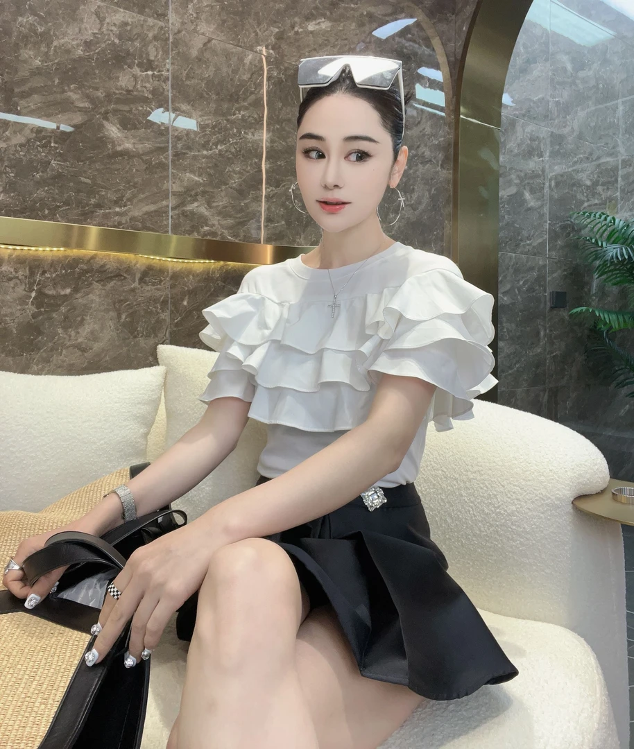 夏季欧货拼接三层花瓣上衣25091#