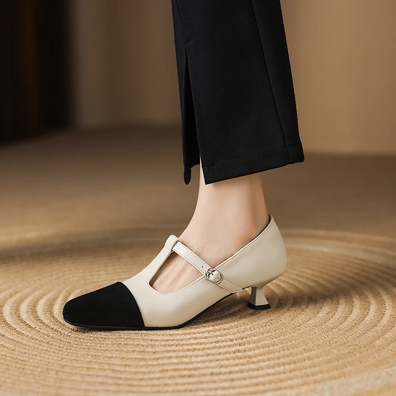 2025新款小香风拼色T型绑带欧美低跟女单鞋玛丽珍鞋气质粗跟女鞋