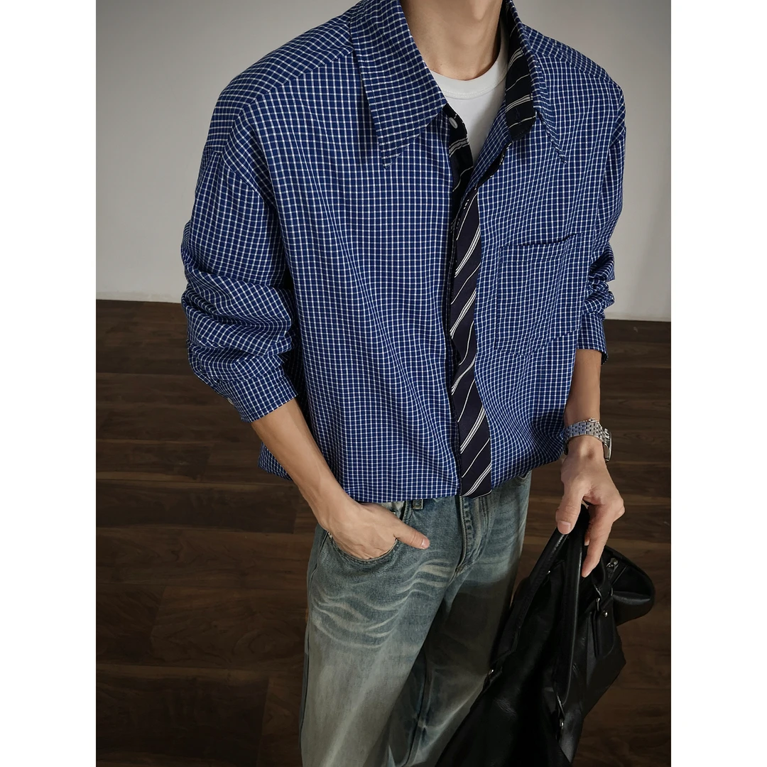 -EQME- 拼接美式高街叠穿假领带衬衫长袖高领男格子拼接情侣衬衣
