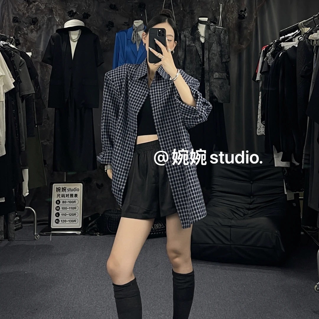 【婉婉studio】复古蓝色格子长袖衬衫女慵懒风宽松休闲防晒衬衣外套