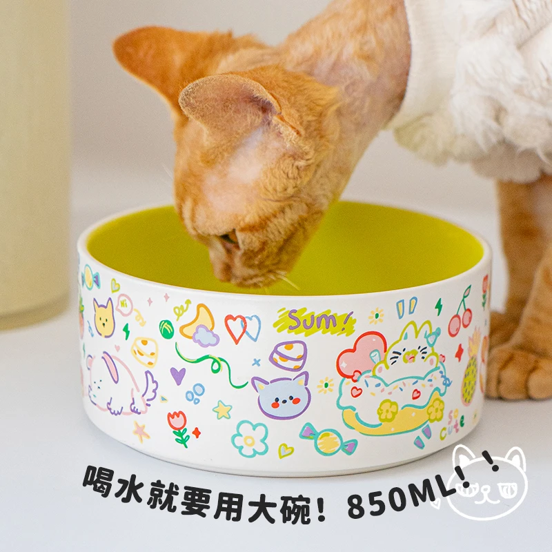 手绘风可爱猫碗陶瓷猫水碗大号大容量防黑下巴防打翻猫喝水狗碗