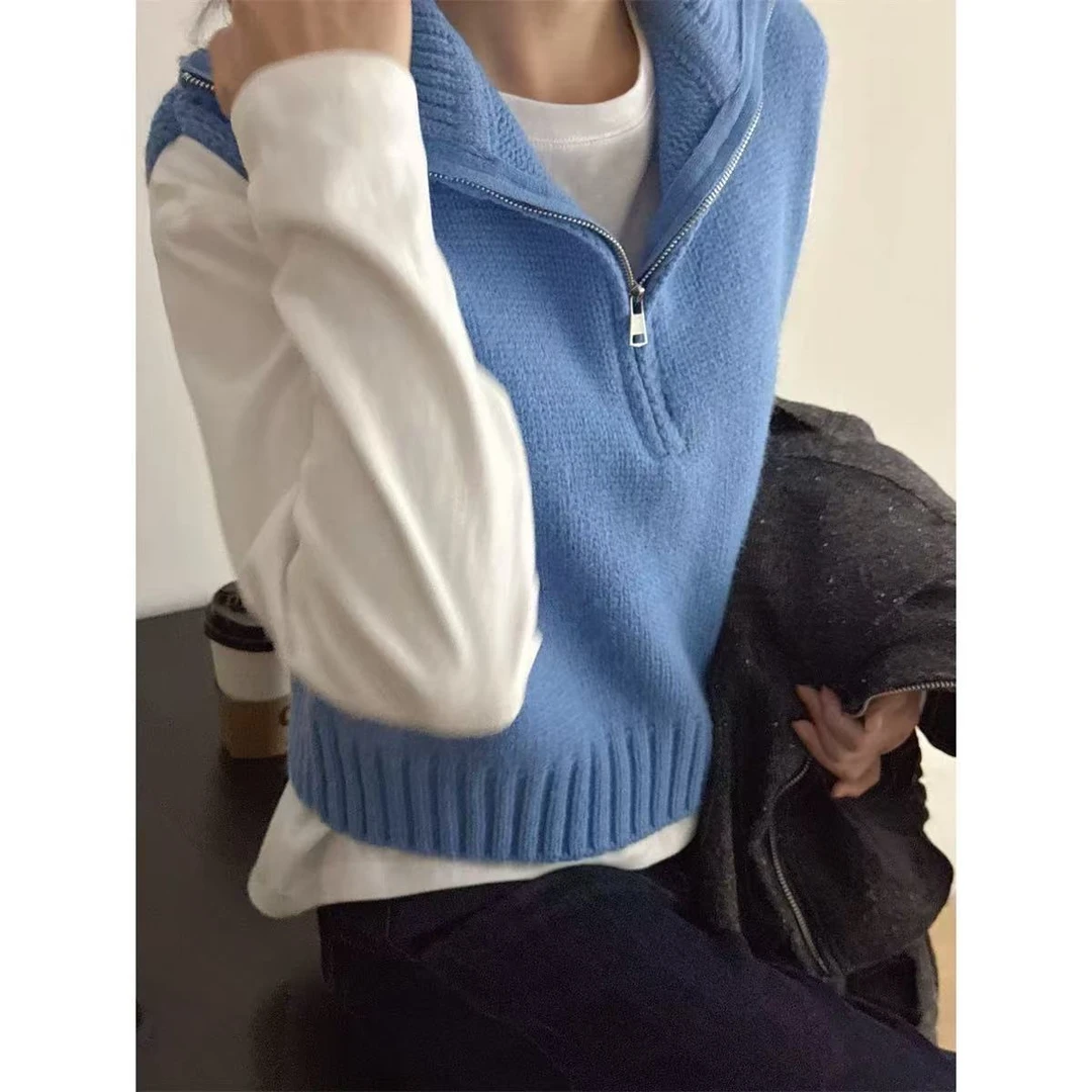 路一.韩国 Seoul fever 韩国东大门简约叠穿显瘦半拉链翻领马甲