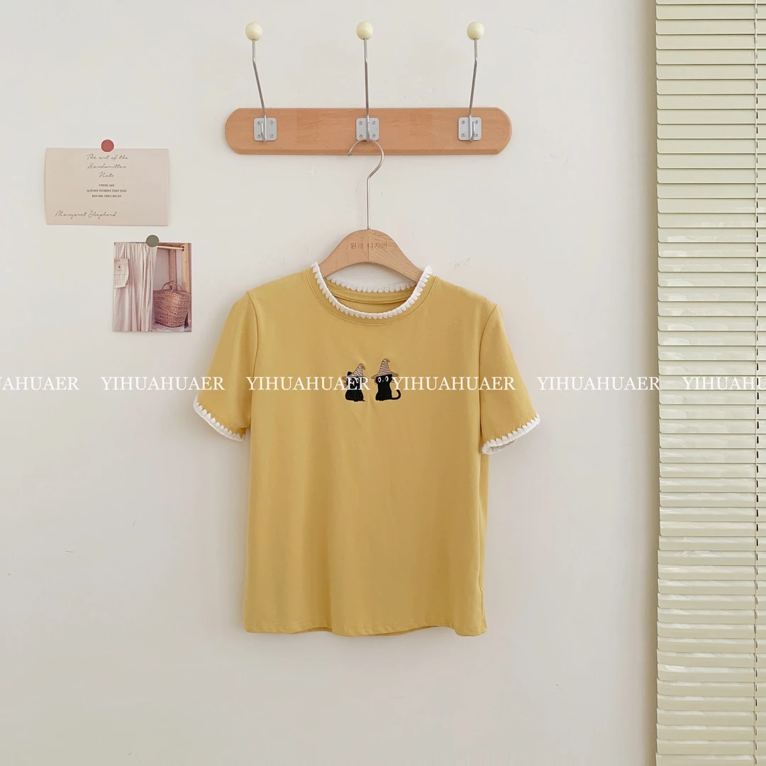 2804【小黑猫】韩系夏款黑猫刺绣撞色锁边纯色减龄T恤