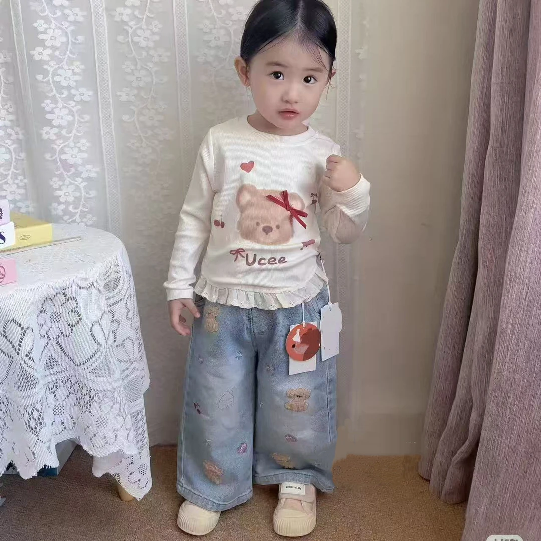 女童长袖T恤2025新款儿童宝宝蕾丝洋气百搭圆领打底上衣