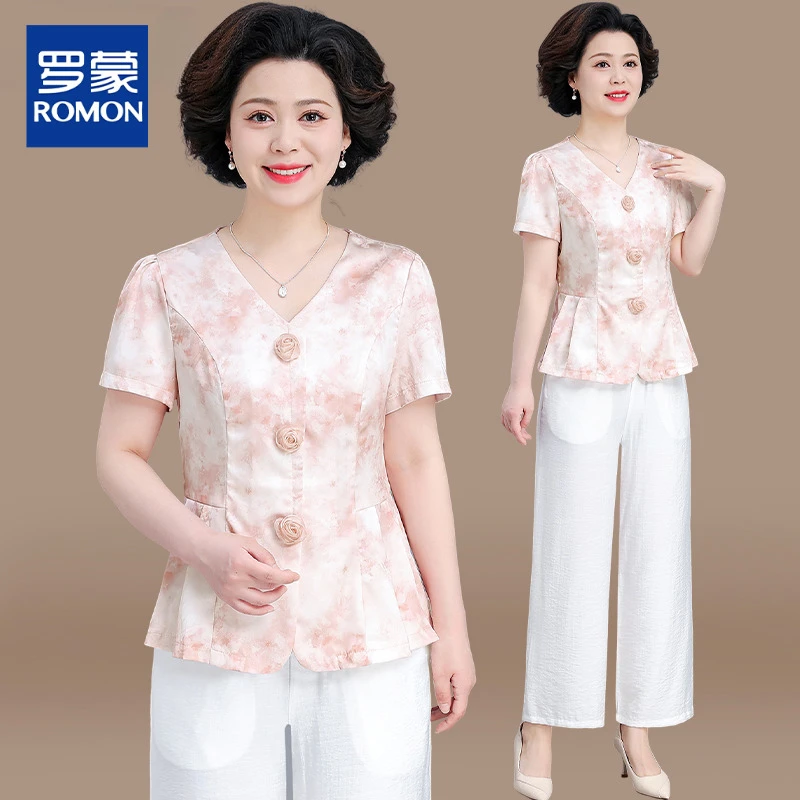 妈妈端庄大气套装气质小香风小衫夏季中老年女装夏装短袖冰丝上衣