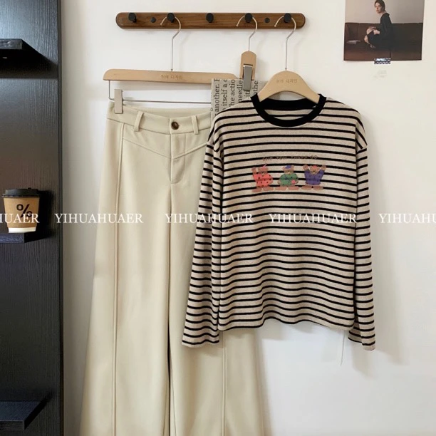 【波点熊】B东大门韩国原单韩版休闲百搭撞色条纹小熊印花T恤9929