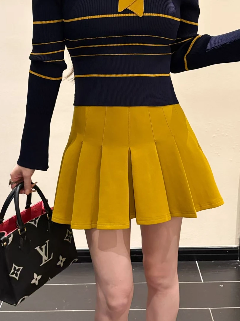 GUIDI GUDI【比翼】时尚活力A字型百褶短裙/黄加蓝