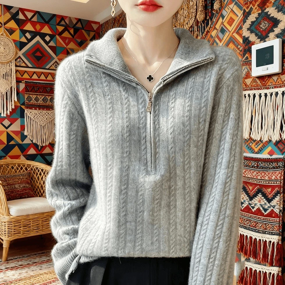 秋冬翻领扭花羊毛衫女针织打底衫加厚毛衣套头纯色长袖羊绒百搭潮