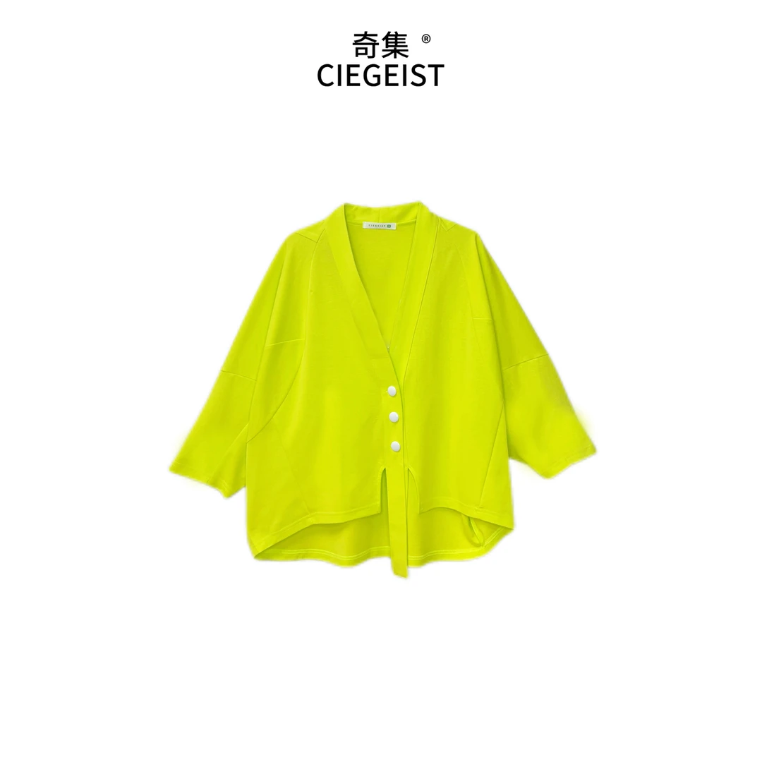 杨杨夏装设计师款宽松大版简约洋气百搭落肩开衫短外套7013