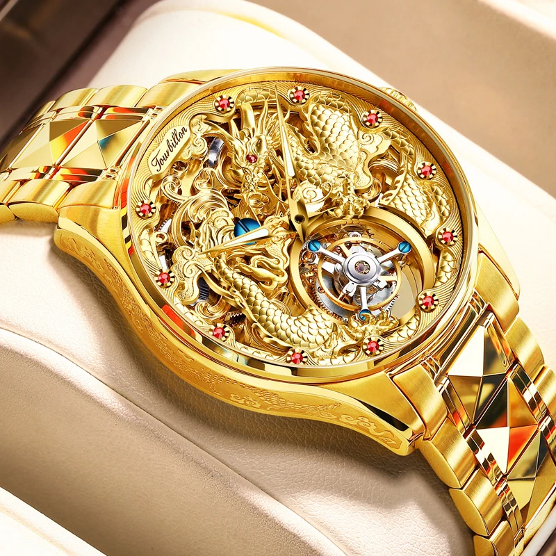 瑞士认证正品牌男士手表镂空真陀飞轮机械表名式18K黄金色龙表520