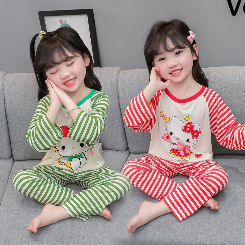 女童睡衣新款莫代尔儿童长袖条纹卡通猫咪家居服套装小女孩空调服
