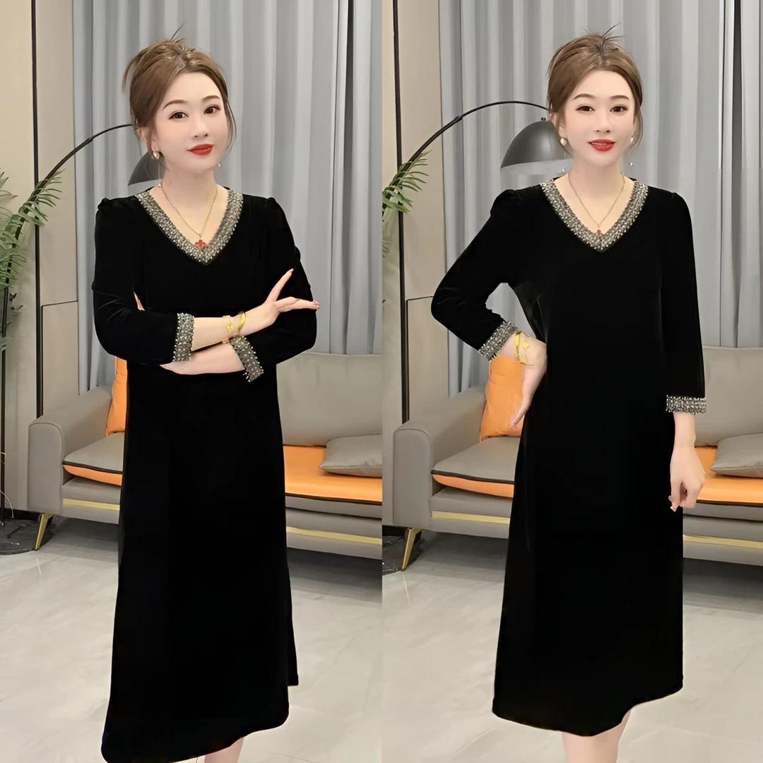 气质大方重工串珠V领气质丝绒女神裙788#