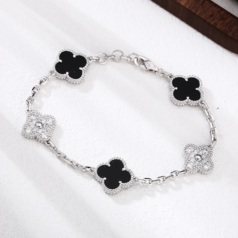 925银手链 精工镶石黑白四叶草手链 潮