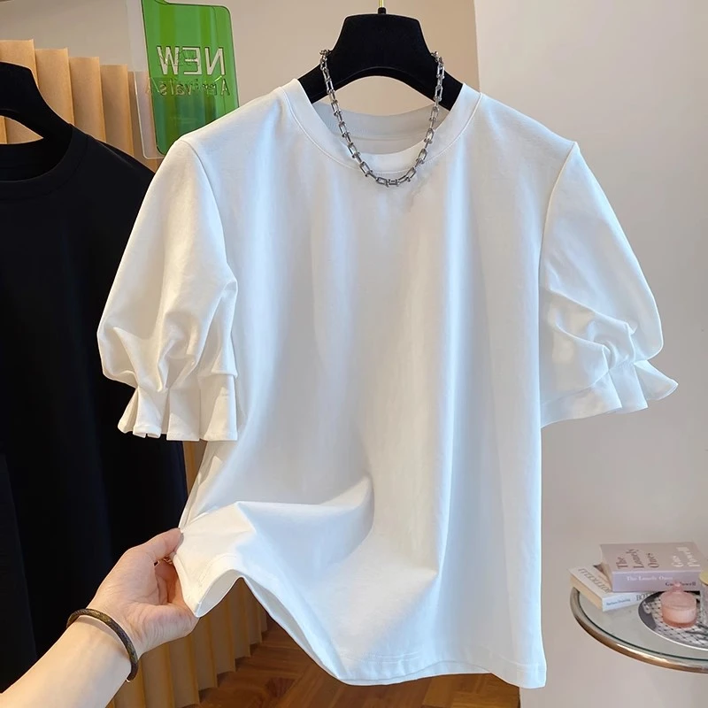 2025春季新款设计感小众高级泡泡袖t恤女短袖宽松棉质打底衫上衣