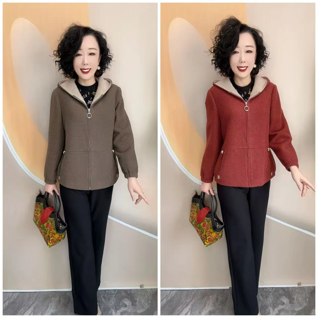 826新款优雅妈妈加衬时尚宽松大码厚帽外套，65衣长