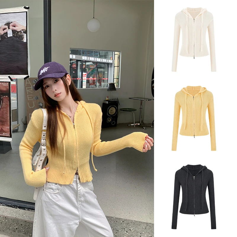 美式复古休闲连帽针织衫外套上衣女春秋外搭