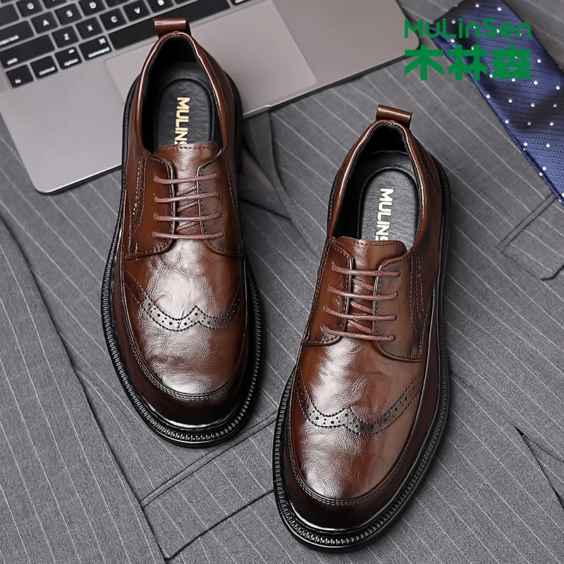 木林森皮鞋男结婚新郎鞋秋季款棕色复古英伦布洛克商务正装高级男