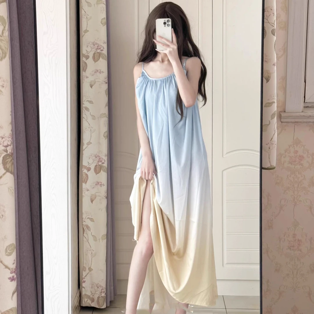 新款睡裙女士时尚夏季渐变色简约性感时尚吊带裙中长款宽松家居裙