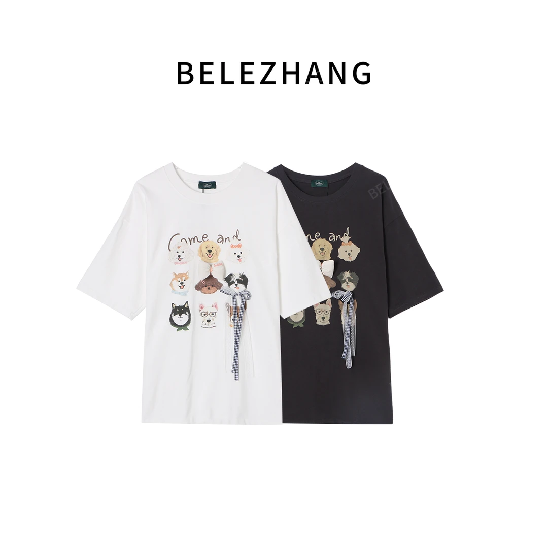 BELE ZHANG【俏皮小狗】韩系喷画小狗立体蝴蝶结短袖T-1669
