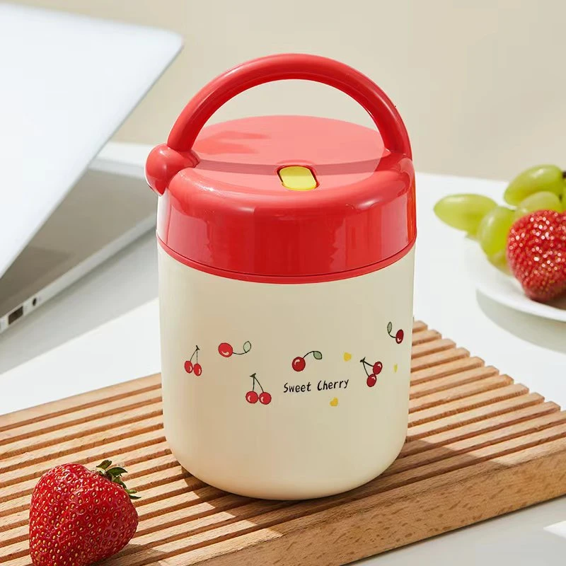 樱桃手提款食品级不锈钢早餐杯粥杯燕麦杯短途便携杯