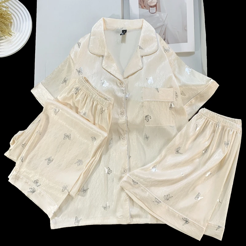 薄款短袖夏季睡衣家居服套装夏烫银杏蝶三件套冰丝带垫家居服