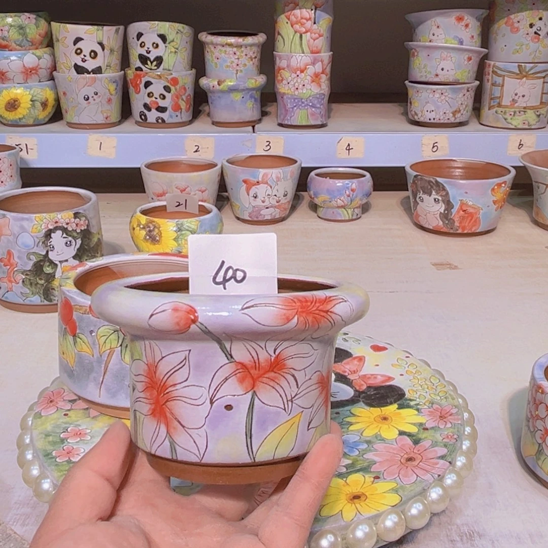 多肉植物粗陶手绘花盆小坊园景德镇40