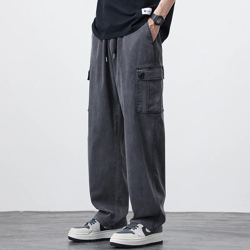 Kuvine2025夏季宽松抽绳松紧腰工装潮牌痞帅复古直筒美式休闲裤男