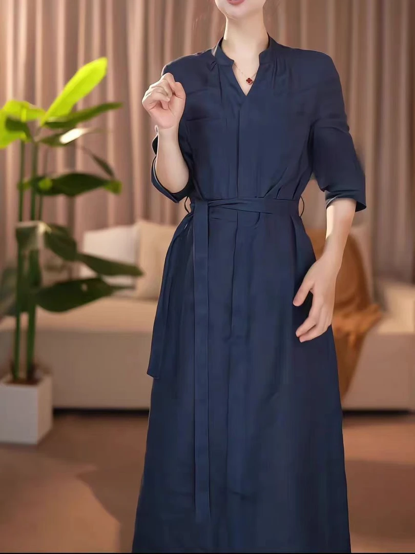 百搭纯色系带亚麻连衣裙显瘦中袖收腰时尚休闲连衣裙夏季