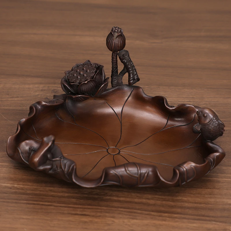 紫铜荷塘月色荷叶烟缸摆件全铜荷塘夜色荷叶香炉香托香篆紫铜香炉