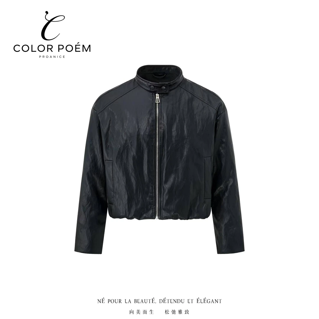 COLOR POEM【棕奢简意】长袖立领夹克休闲时尚羽绒皮衣CPM5Y2033