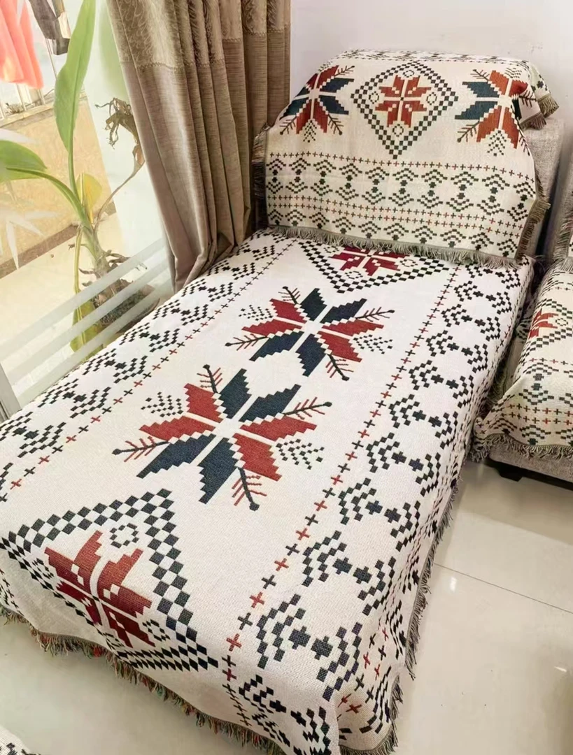 枫叶菱形130*180盖巾毯沙发毯针织古风沙发巾椅子布一片式沙发垫