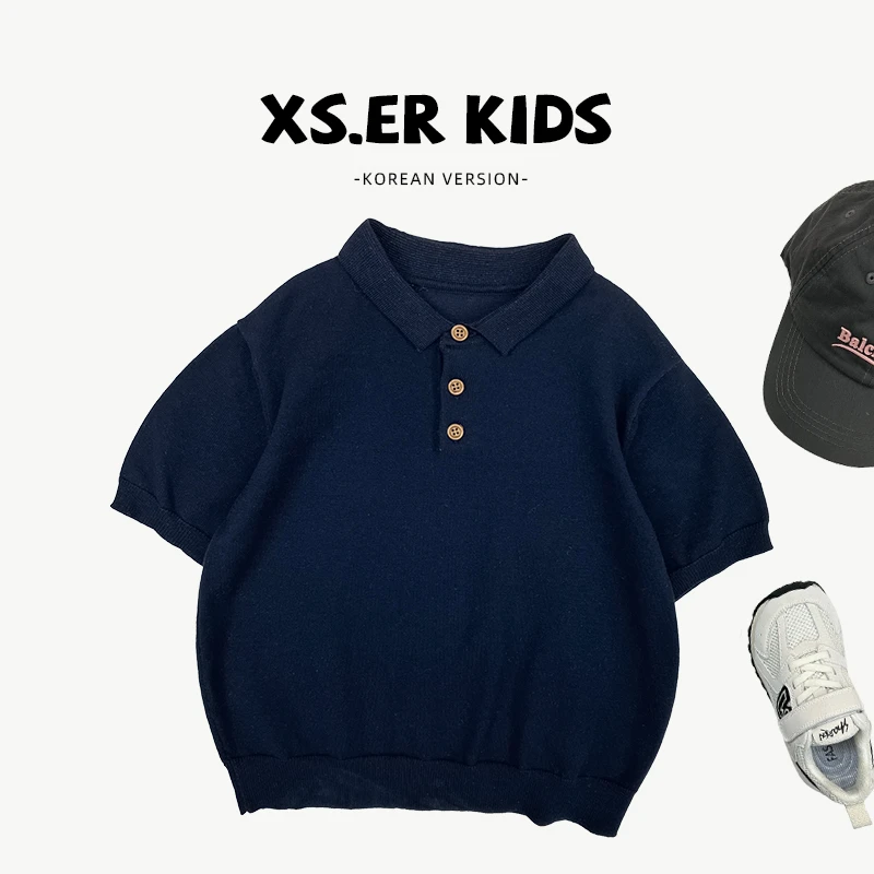 【小首尔】Q现货-男童夏季韩版简约气质纯色百搭短袖针织衫HBB6905