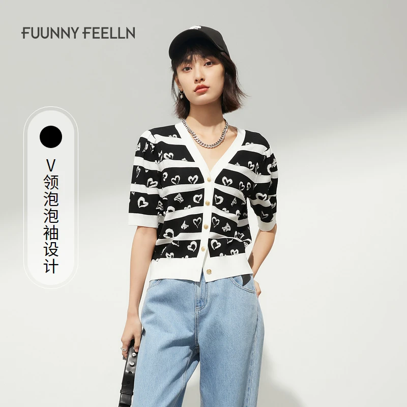 仿佛仿佛夏季短袖针织衫女T恤薄款V领撞色开衫FZ00823印花拼色小