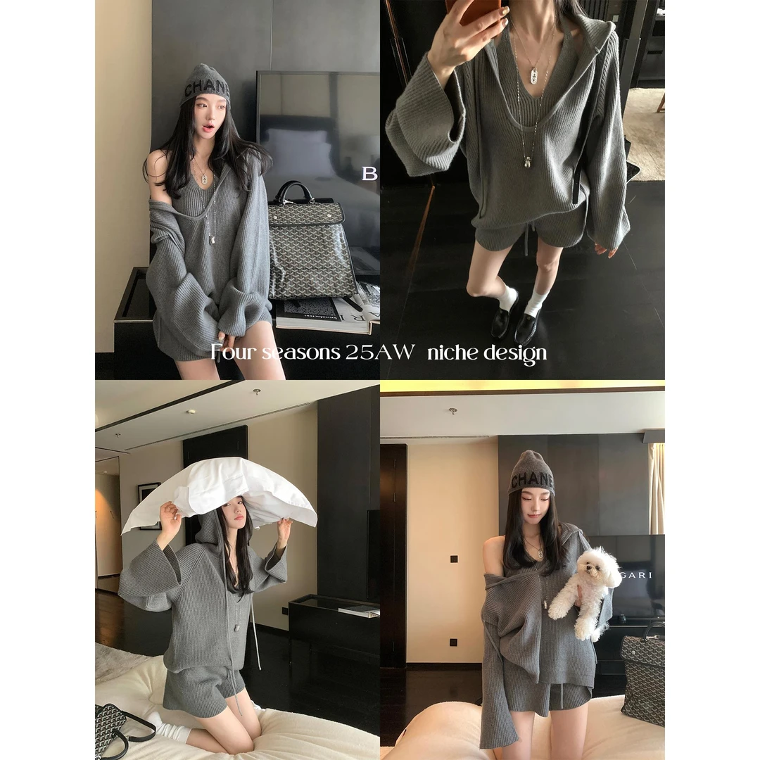 区区欧阳 9/22 20点【懒懒纸片girl】连帽针织开衫背心短裤长裤
