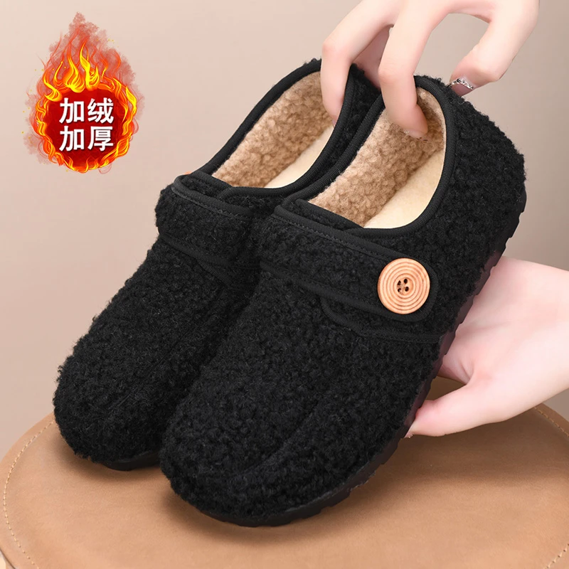 大码厚底女棉鞋网红勃肯鞋女冬季新款加绒保暖毛毛鞋老北京布鞋