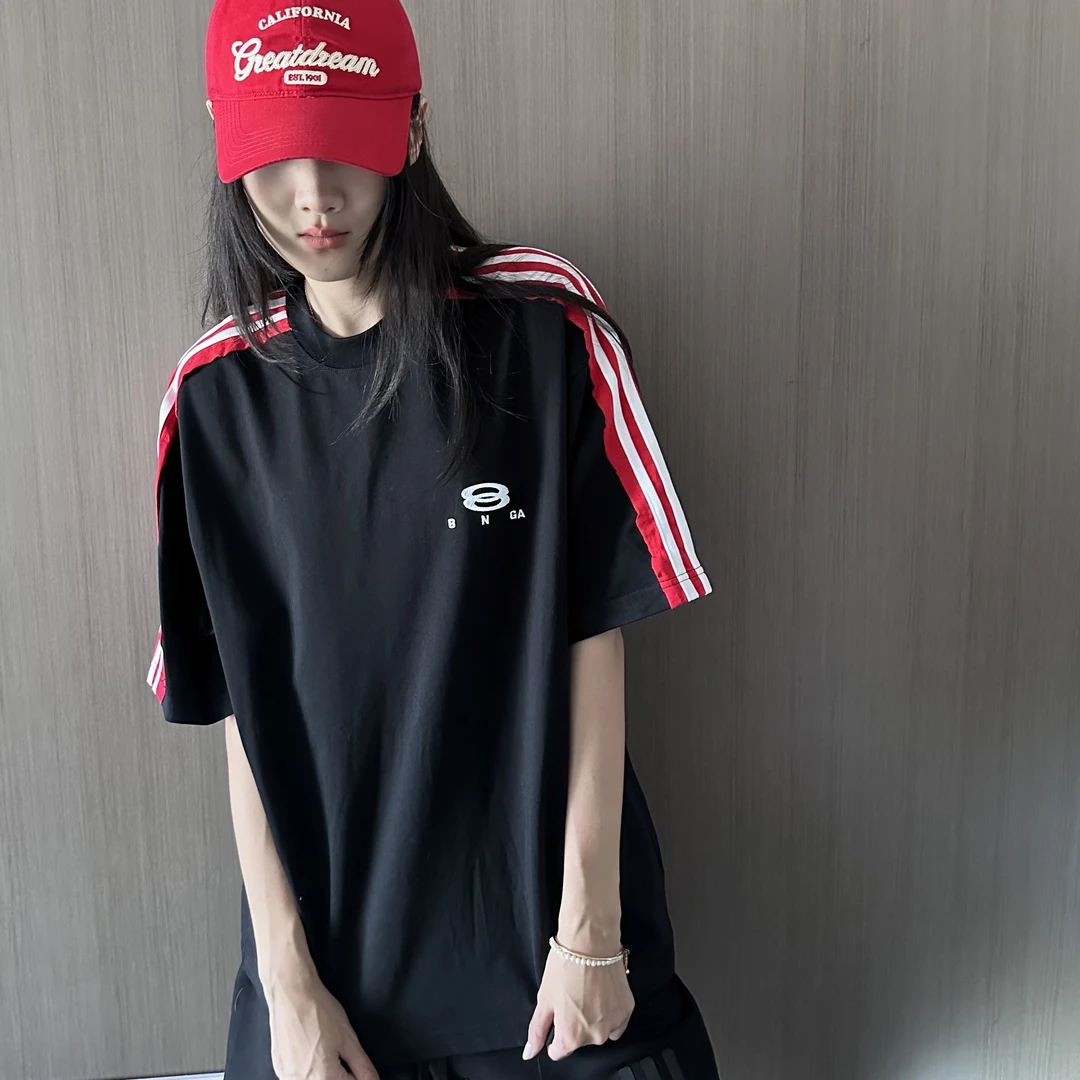 新款小巴风格条纹拼接双环刺绣重磅纯棉短袖男女同款