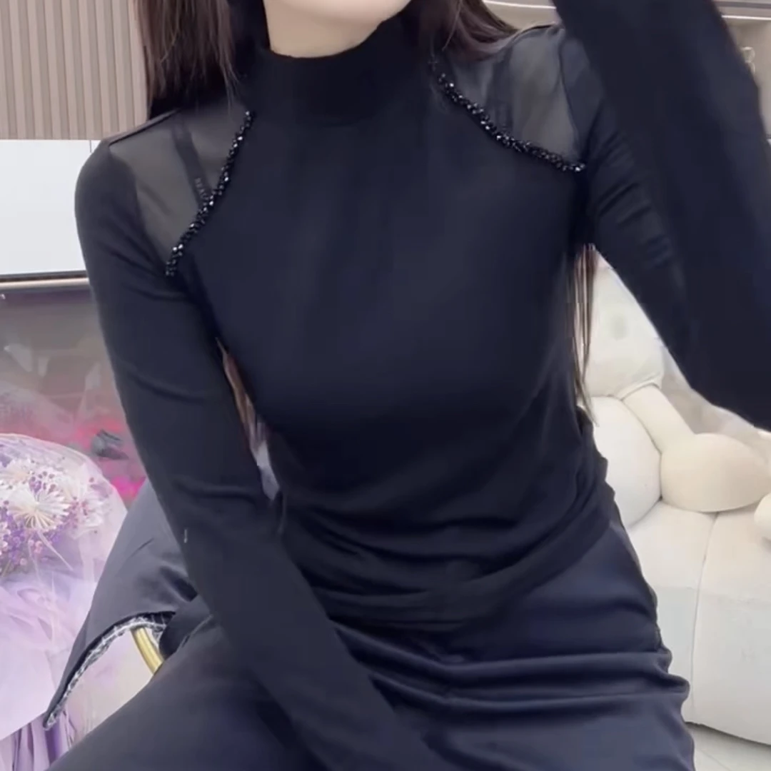 常规袖常规款拼接女抗皱长袖T恤ins百搭半高领女士