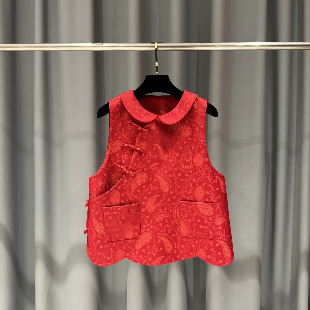 26新款时尚腰果花娃娃领中式红色宋锦马甲