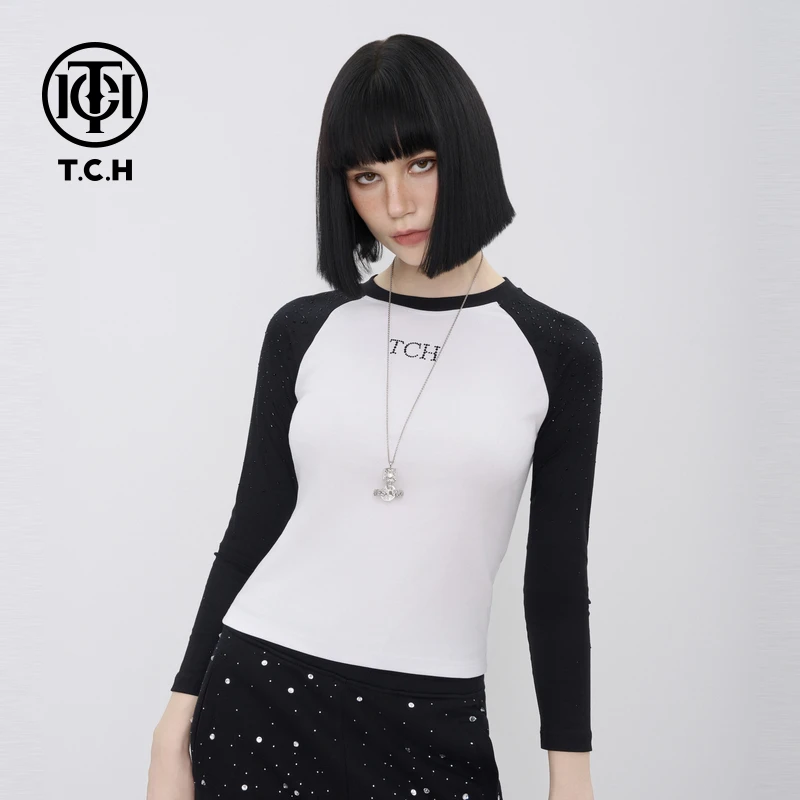 TCH轻奢烫钻工艺插肩袖黑白拼接圆领时尚T恤女T69D08E6010私服tch