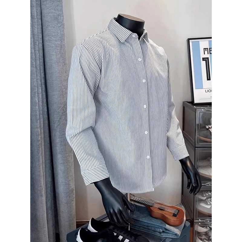 美式高街条纹衬衫外套男春秋季高级感少年感长袖vibe休闲简约上衣